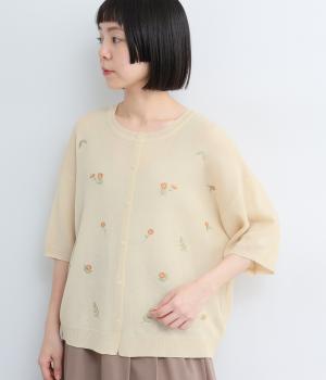 ドライタッチニット花柄刺繍入りカーディガン(アイボリー-ML)