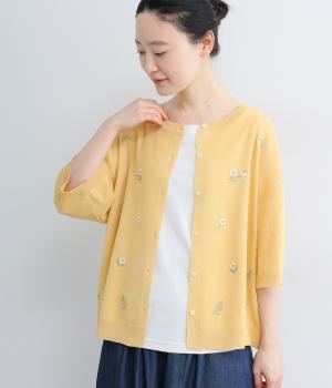 ドライタッチニット花柄刺繍入りカーディガン(イエロー-ML)