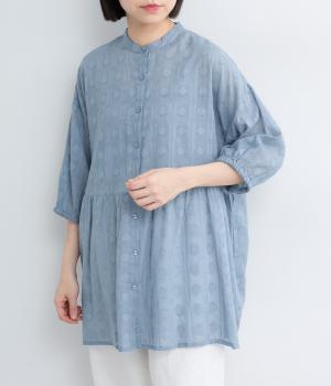 コットンジャカード　ウエストギャザー入り前開きチュニック