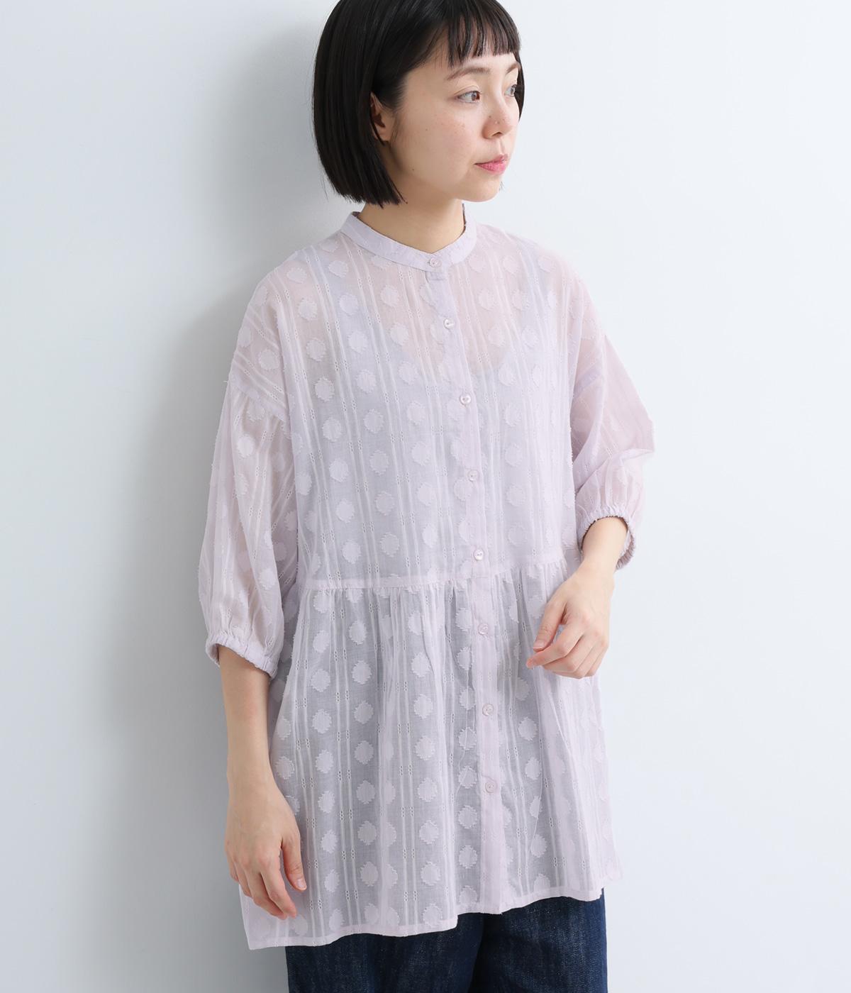 コットンジャカード　ウエストギャザー入り前開きチュニック(ピンク-ML)