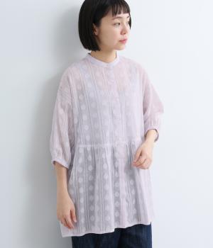 コットンジャカード　ウエストギャザー入り前開きチュニック(ピンク-ML)