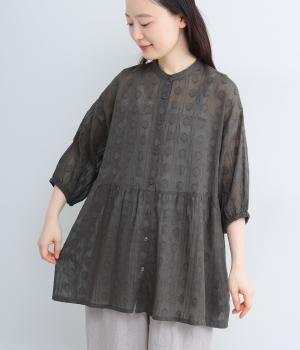 コットンジャカード　ウエストギャザー入り前開きチュニック(チャコール-ML)