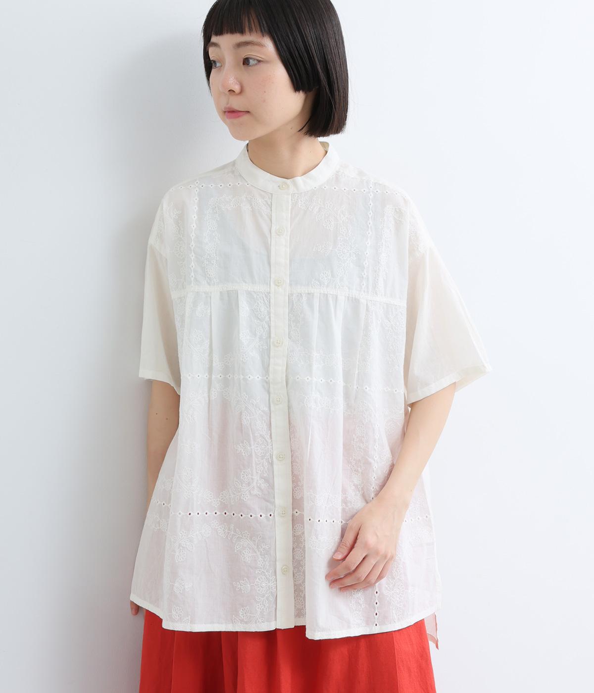 コットンキャンブリックシフリー刺繍　前開きチュニック(ホワイト-ML)