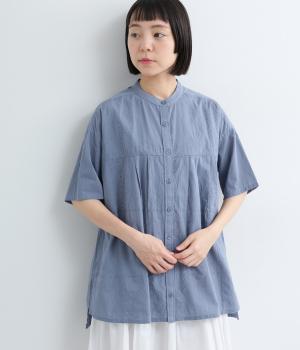 コットンキャンブリックシフリー刺繍　前開きチュニック(ブルー-ML)