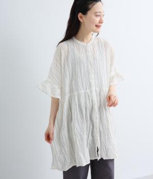 コットンガーゼストライプクリンクル加工　前開きチュニック(イエロー-ML)