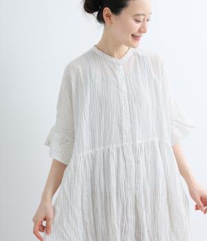 コットンガーゼストライプクリンクル加工　前開きチュニック(グリーン-ML)