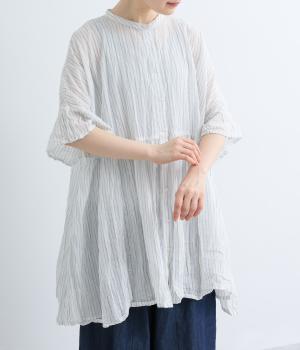 コットンガーゼストライプクリンクル加工　前開きチュニック(ブルー-ML)