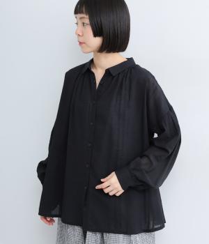 先染めコットンシアサッカー　前あきシャツブラウス(ブラック-ML)