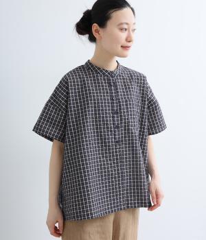 リップル加工チェック柄アソート　前開きブラウス(ネイビー-ML)