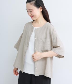 【cloudnine pure】先染めリネン柄アソート　クルーネック前開きブラウス