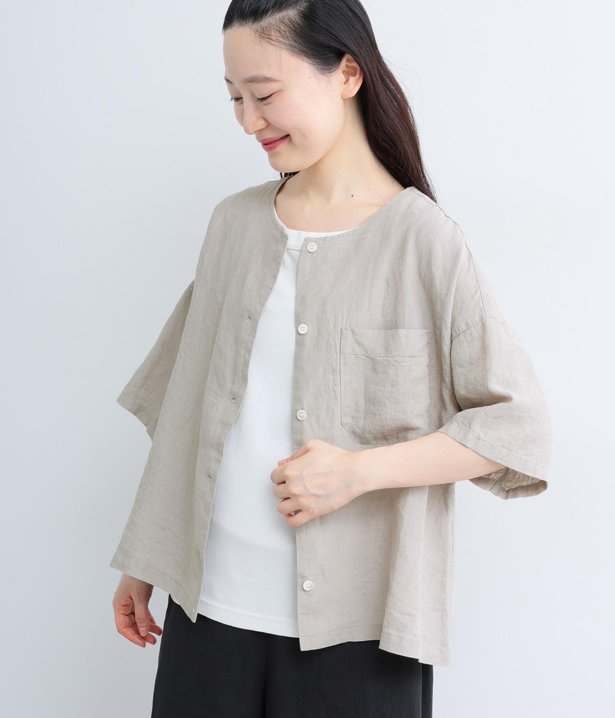 【cloudnine pure】先染めリネン柄アソート　クルーネック前開きブラウス(グレー-F)