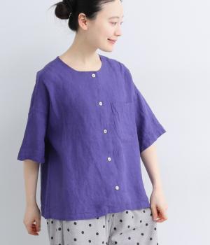 【cloudnine pure】先染めリネン柄アソート　クルーネック前開きブラウス(パープル-F)