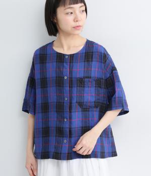 【cloudnine pure】先染めリネン柄アソート　クルーネック前開きブラウス(ネイビーチェック-F)