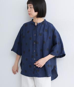 【cloudnine pure】リネンランダムドットプリント　バルーン袖ブラウス(ネイビー-F)