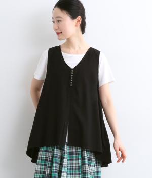 先染めコットンリネンレーヨン前開きベスト(ブラック-ML)
