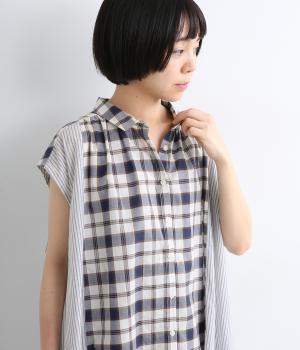 先染めコットン布帛コンビ柄アソート前開きチュニック(ブルー-ML)