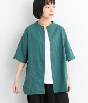 無地×刺繍　切り替え5分袖チュニック(グリーン-ML)