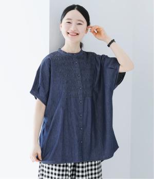 スモッキング刺繍ブラウス(ネイビー-ML)