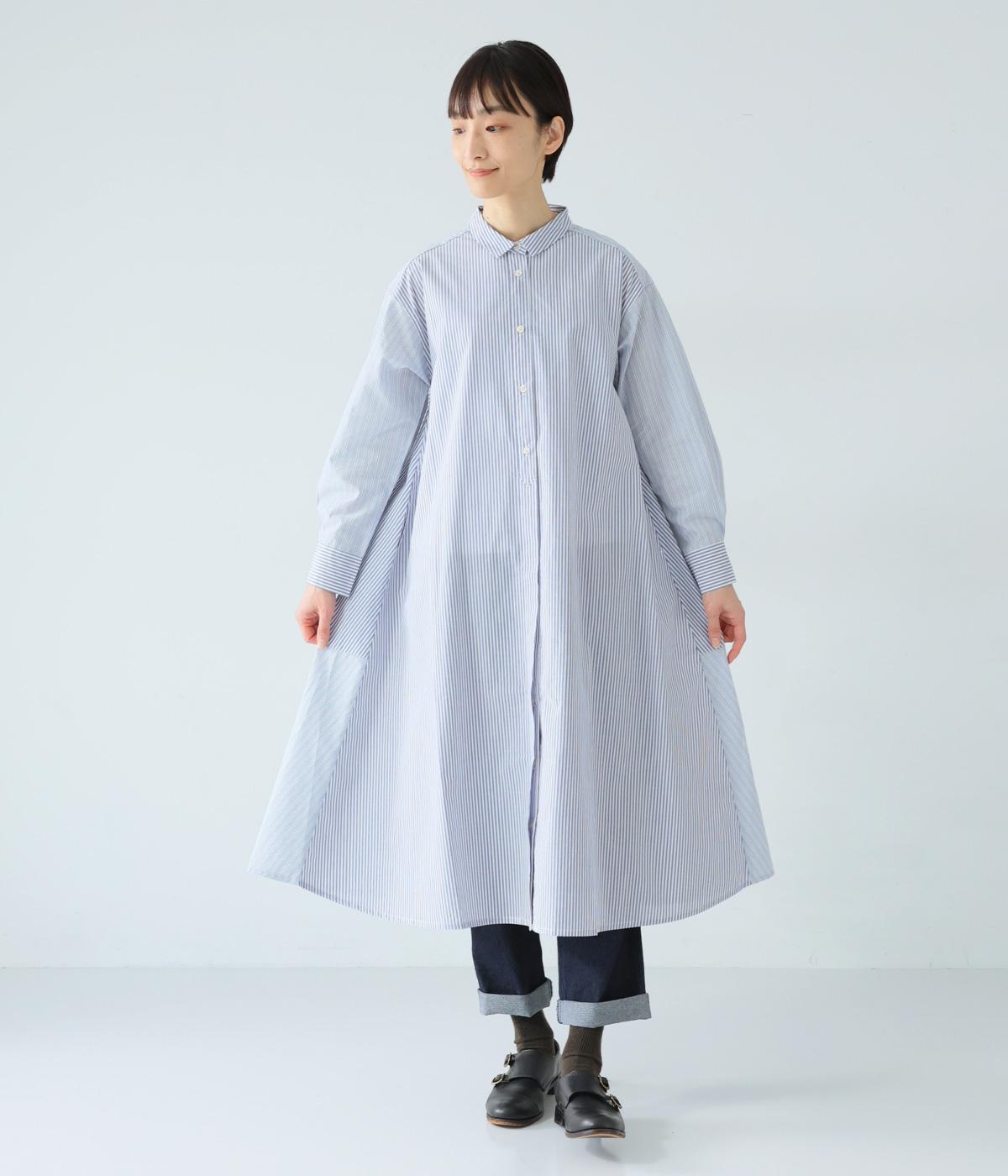 コットンブロードストライプマルチパターン切替ワンピース(ブルー-F)