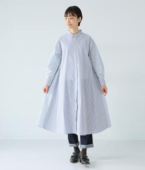 コットンブロードストライプマルチパターン切替ワンピース(ブルー-F)