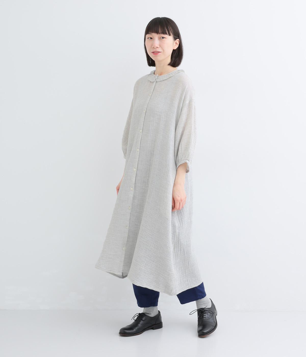 コットン楊柳Wガーゼ　襟フリルワンピース(ライトグレー-F)