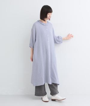 コットン楊柳Wガーゼ　襟フリルワンピース(ブルー-F)