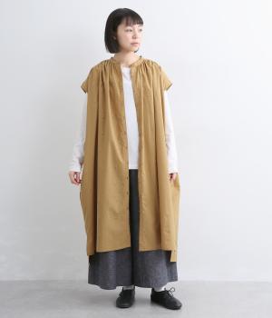 コットンジャカードストライプ×花柄　ギャザーワンピース(キャメル-F)