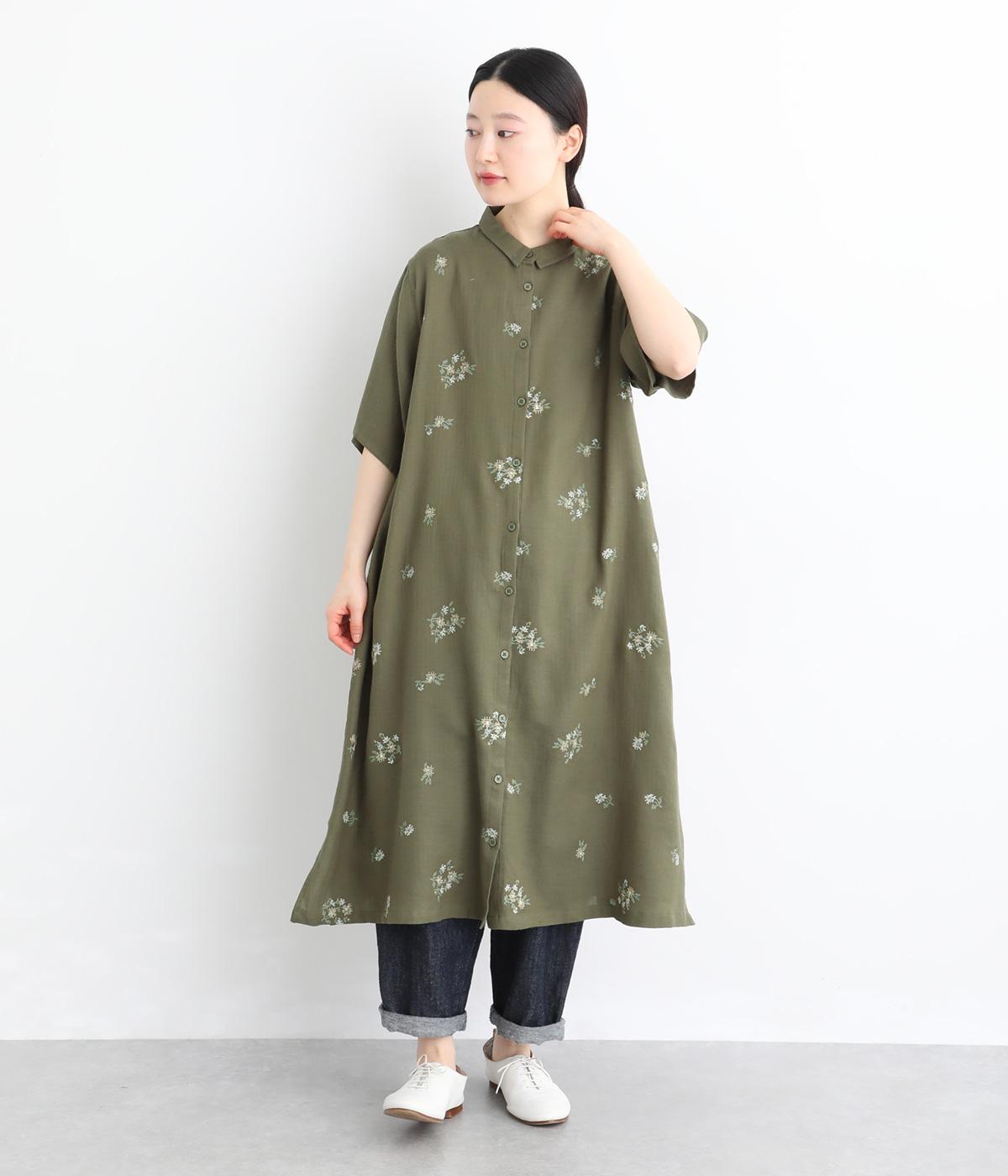 ヘリンボーン花刺繍　前開きワンピース(カーキ-F)