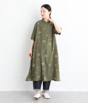 ヘリンボーン花刺繍　前開きワンピース(カーキ-F)