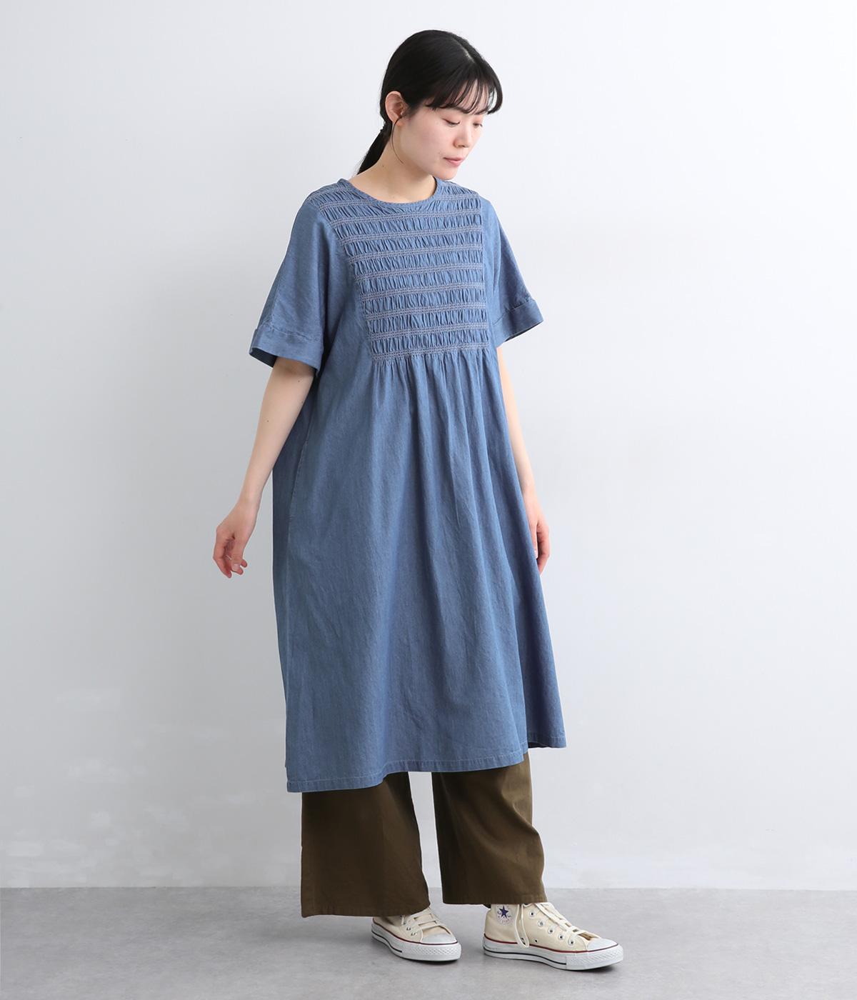 ボンポワン☆スモッキング刺繍ワンピ☆size12 コットン布帛デニム スモッキング刺繍ワンピース｜cloudnine（クラウド