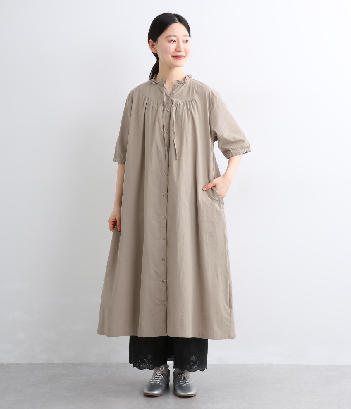 コットンドビーストライプ　ネックフリルワンピース(ベージュ-F)