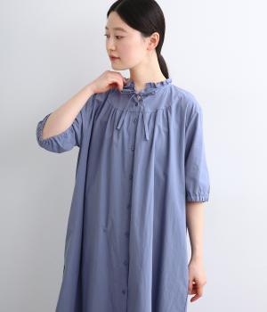 コットンドビーストライプ　ネックフリルワンピース(ブルー-F)