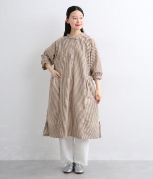 布帛デニム切替ギャザーちび襟ワンピース