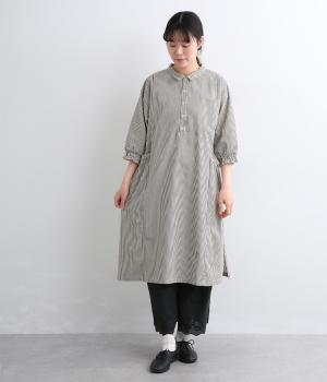 布帛デニム切替ギャザーちび襟ワンピース(アイボリー-F)