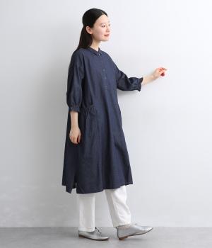 布帛デニム切替ギャザーちび襟ワンピース(ネイビー-F)