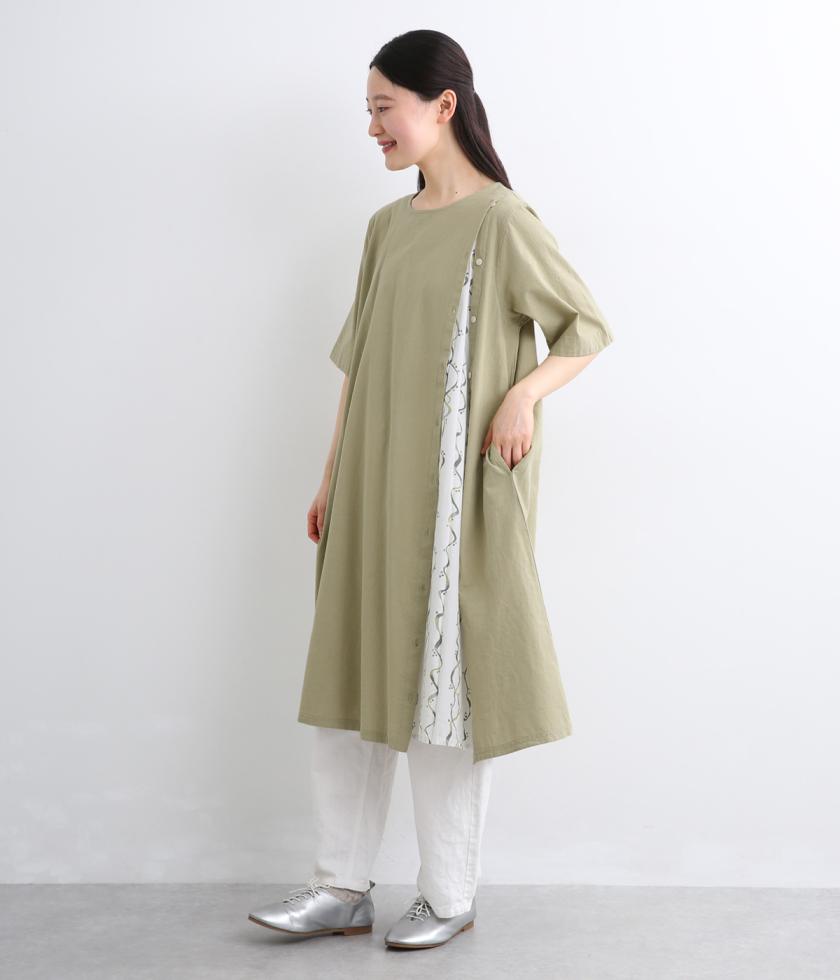 【れんげ】無地×和柄プリント　レイヤード風ワンピース