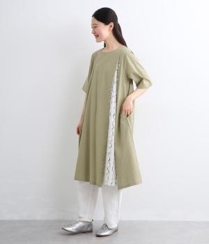 【れんげ】無地×和柄プリント　レイヤード風ワンピース(ライトグリーン-F)