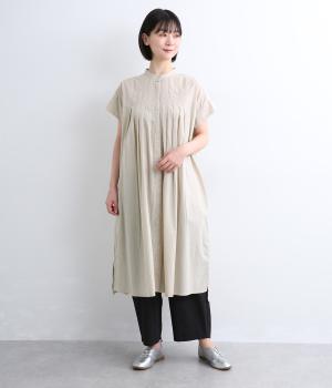 コットンキャンブリック前タック入り比翼ワンピース(ベージュ-ML)