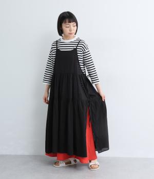 コットンシアーサッカーボーダー　キャミワンピース(ブラック-ML)