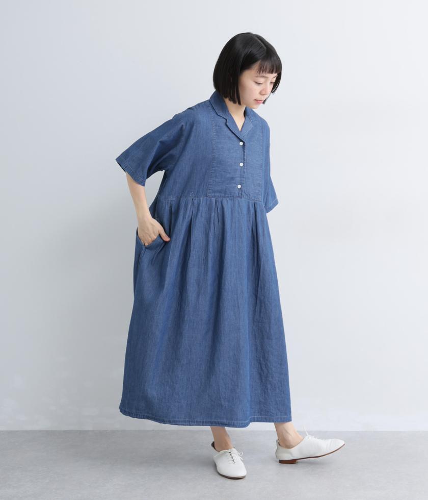 コットンデニム　オープンカラーウエスト切替ワンピース