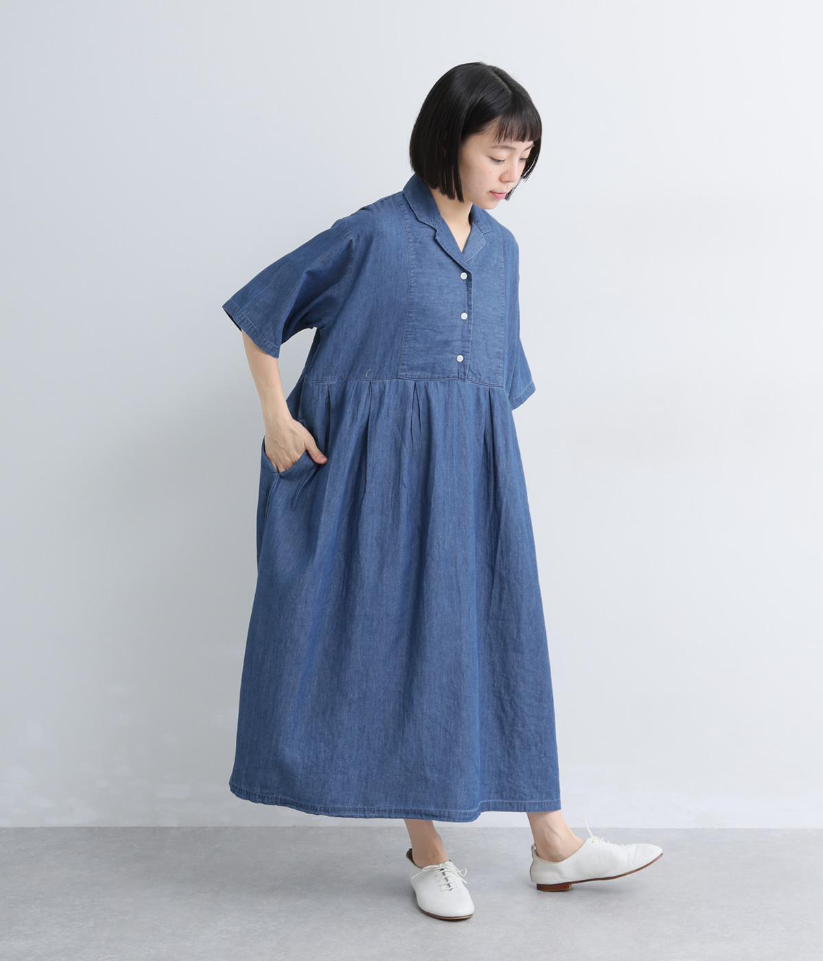 コットンデニム　オープンカラーウエスト切替ワンピース(ブルー-ML)