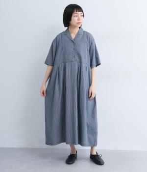 コットンデニム　オープンカラーウエスト切替ワンピース(ネイビー×ホワイト-ML)