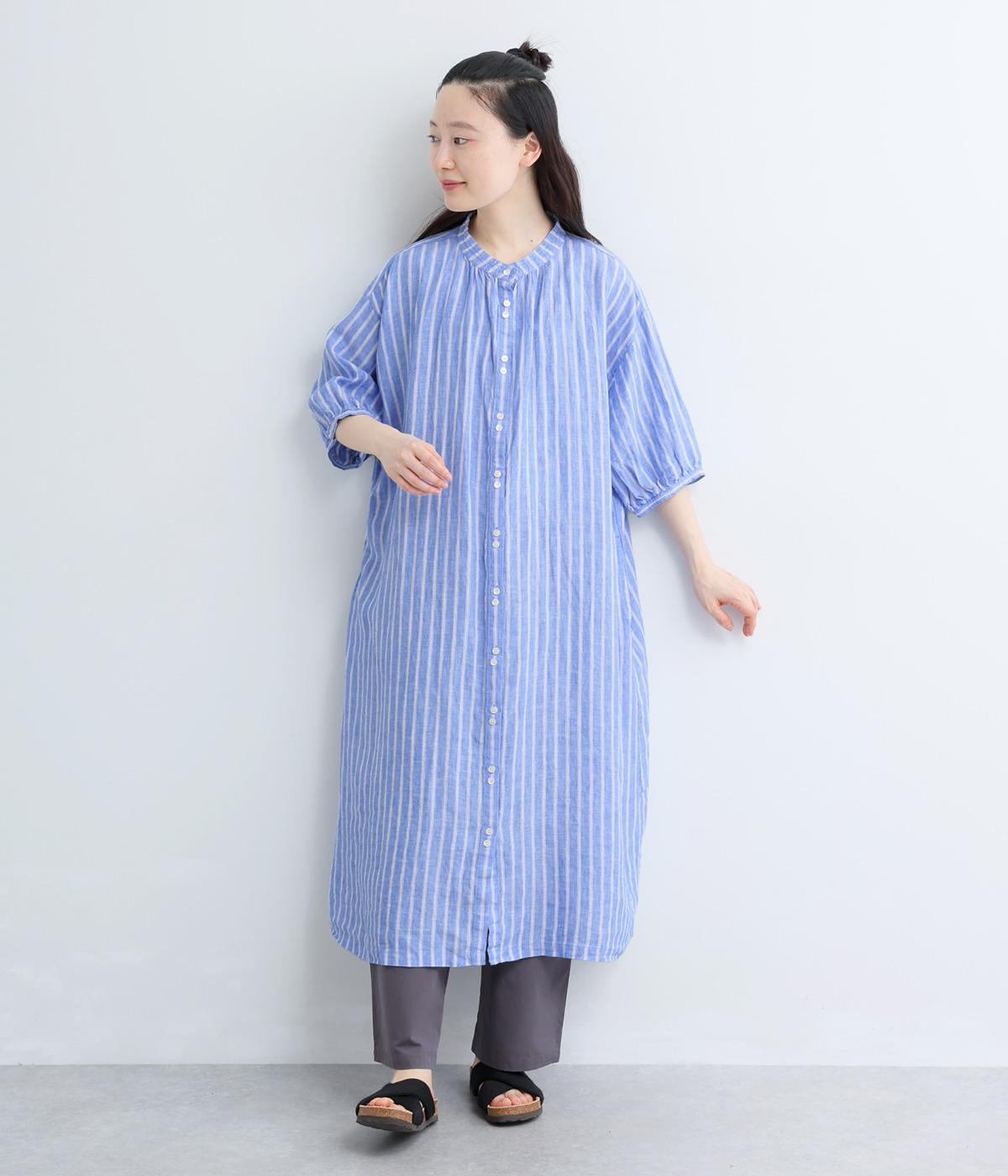 【cloudnine pure】先染めリネン柄アソート　前開きワンピース(ブルーストライプ-F)