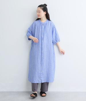 【cloudnine pure】先染めリネン柄アソート　前開きワンピース(ブルーストライプ-F)