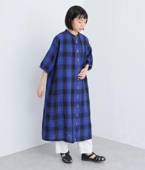 【cloudnine pure】先染めリネン柄アソート　前開きワンピース(ネイビーチェック-F)