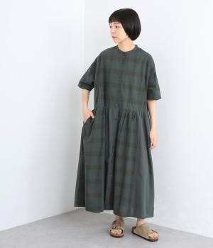 コットンスラブチェック×シャンブレー前開きワンピース(グリーン-ML)