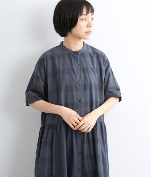 コットンスラブチェック×シャンブレー前開きワンピース(ネイビー-ML)