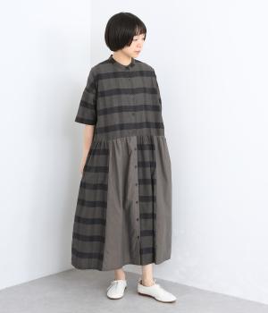 コットンスラブチェック×シャンブレー前開きワンピース(ブラック-ML)