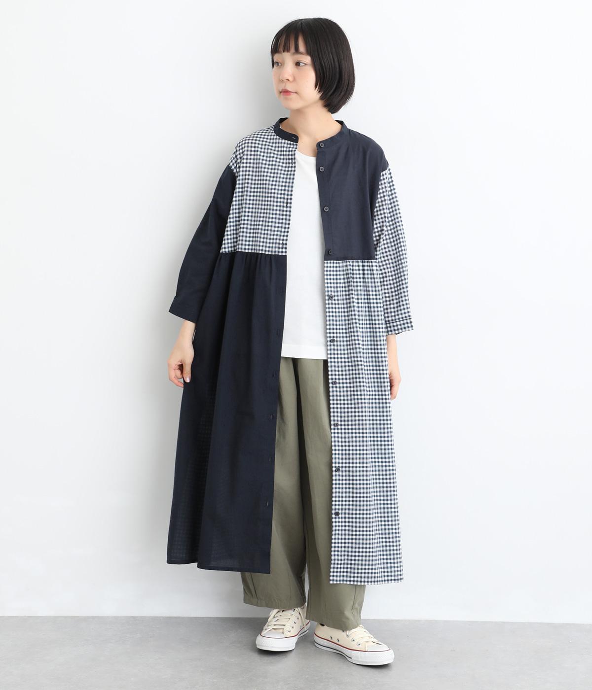 無地×チェック 切替コンビ8分袖ワンピース｜cloudnine（クラウドナイン