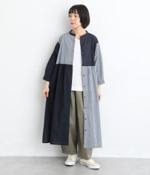 無地×チェック　切替コンビ8分袖ワンピース(ネイビー-ML)